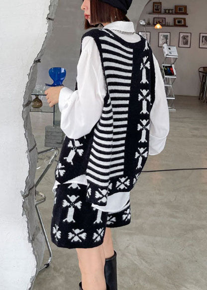 Bohemian Black Fashion Jacquard-Strickweste mit V-Ausschnitt + weites Bein, zweiteiliges Herbst-Set