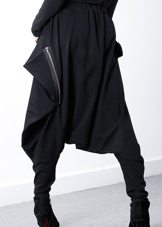Bohemian Schwarze Jogginghose mit asymmetrischem Reißverschluss und Frühlings-Design