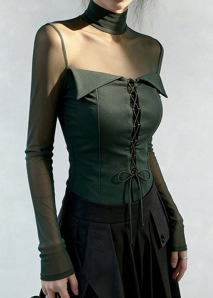 Bohemian Blackish Green Cross Strap Patchwork Tulle Blouse Tops Spring