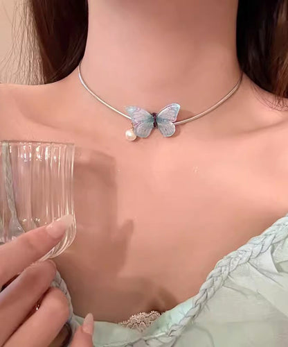 Bohemian Blue Alloy Pearl Butterfly Princess Necklace