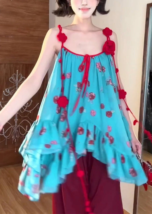 Bohemian Blue Asymmetrical Floral Spaghetti Strap Tops Summer