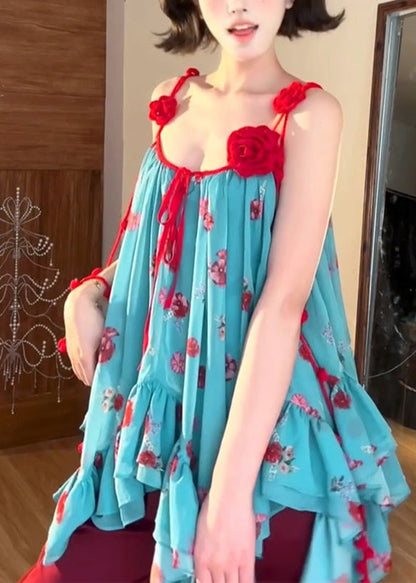 Bohemian Blue Asymmetrical Floral Spaghetti Strap Tops Summer