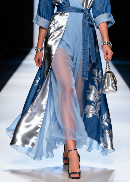 Bohemian Blue Asymmetrical Patchwork Denim Robe Dresses Summer