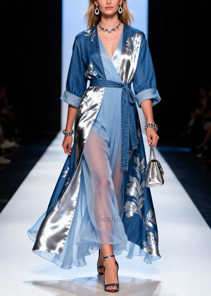 Bohemian Blue Asymmetrical Patchwork Denim Robe Dresses Summer