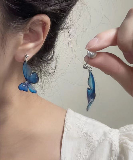 Pendientes colgantes de mariposa con perlas de aleación de cobre azul bohemio
