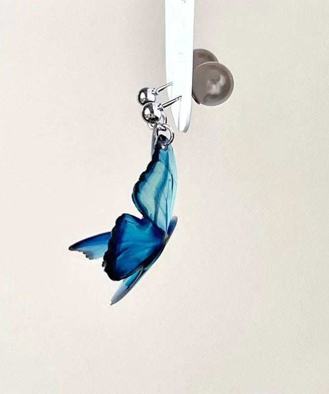 Pendientes colgantes de mariposa con perlas de aleación de cobre azul bohemio