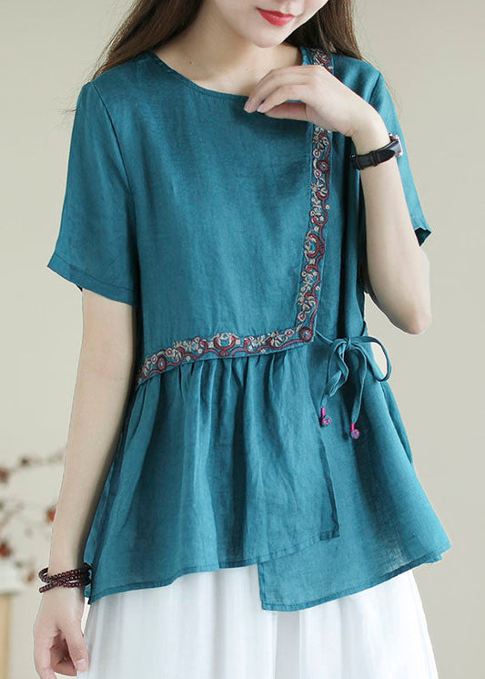 Bohemian Blau Besticktes Hemd Top Kurzarm