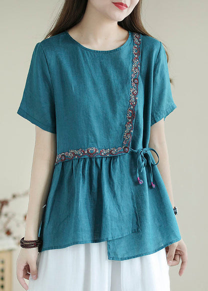 Bohemian Blau Besticktes Hemd Top Kurzarm