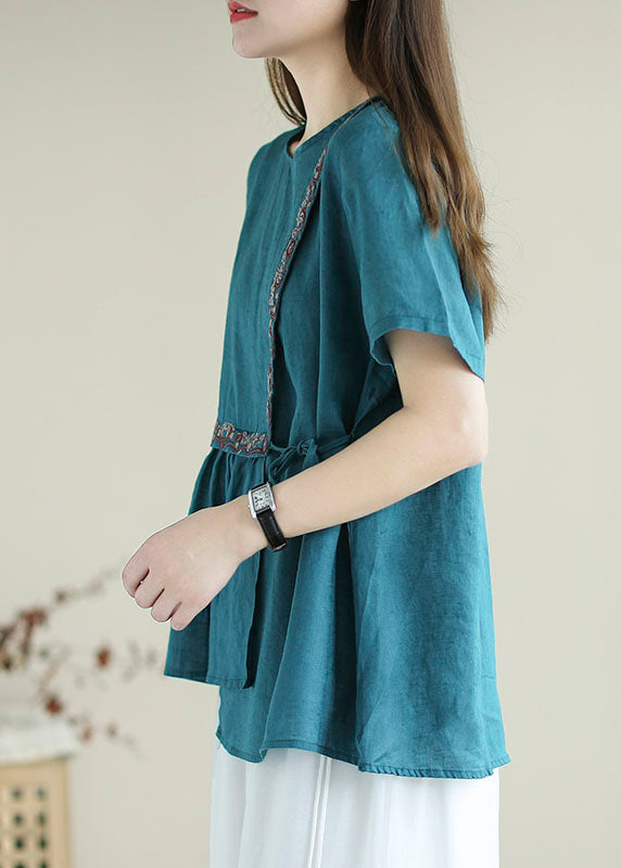 Bohemian Blau Besticktes Hemd Top Kurzarm