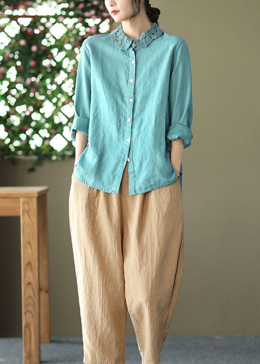 Blusa de lino con patchwork bordado azul bohemio y manga larga