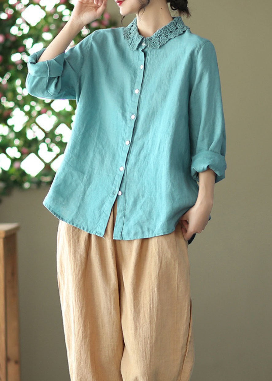 Blusa de lino con patchwork bordado azul bohemio y manga larga