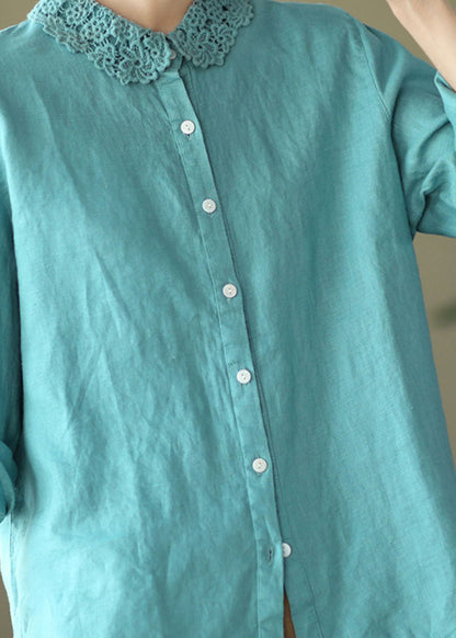 Blusa de lino con patchwork bordado azul bohemio y manga larga