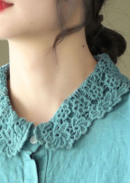 Blusa de lino con patchwork bordado azul bohemio y manga larga