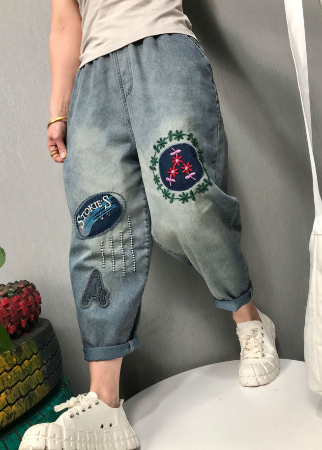 Bohemian Blue Embroidered Denim Pants Frühling