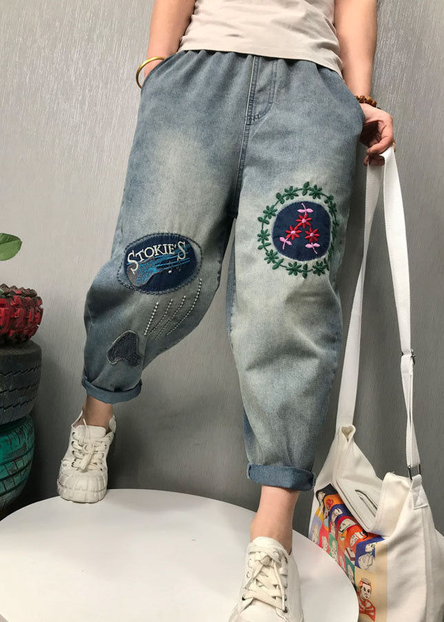 Bohemian Blue Embroidered Denim Pants Frühling