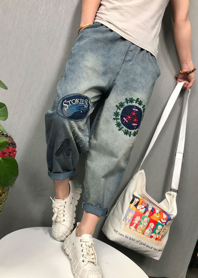 Bohemian Blue Embroidered Denim Pants Frühling