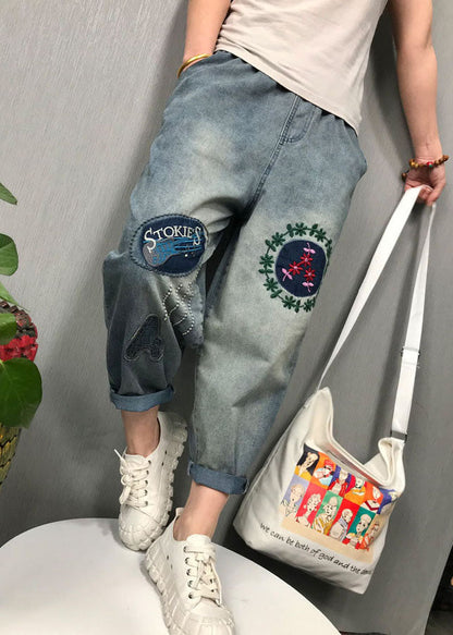 Bohemian Blue Embroidered Denim Pants Frühling
