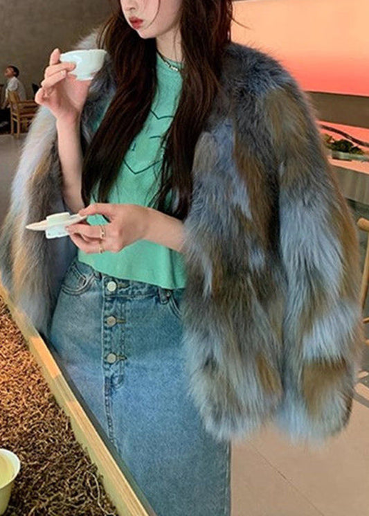 Abrigos de piel y cuero con cuello de zorro azul bohemio para invierno