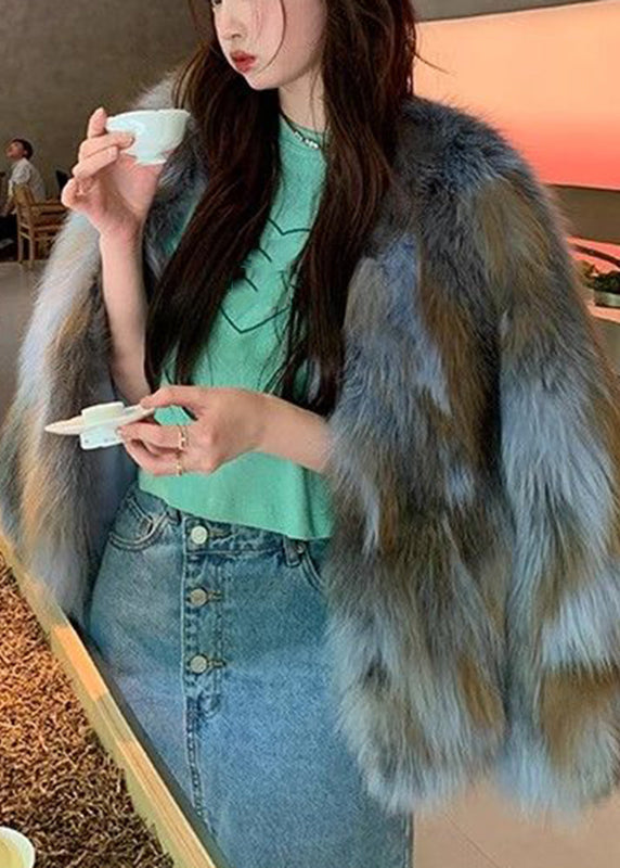 Abrigos de piel y cuero con cuello de zorro azul bohemio para invierno