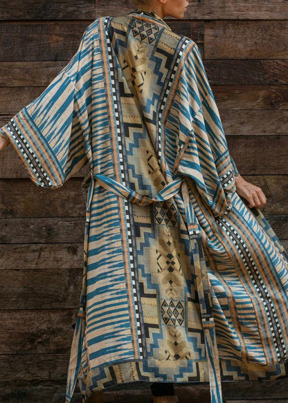 Bohemian Blue Geometric Print Long sleeve kimono robe Mid Summer Cotton - SooLinen
