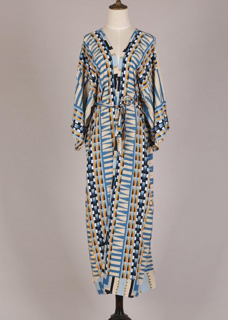 Bohemian Blue Geometric Print Long sleeve kimono robe Mid Summer Cotton - SooLinen