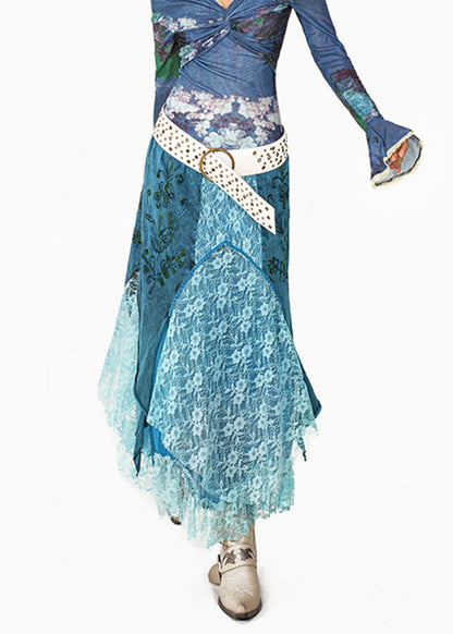Bohemian Blue Lace Patchwork A Line Skirts