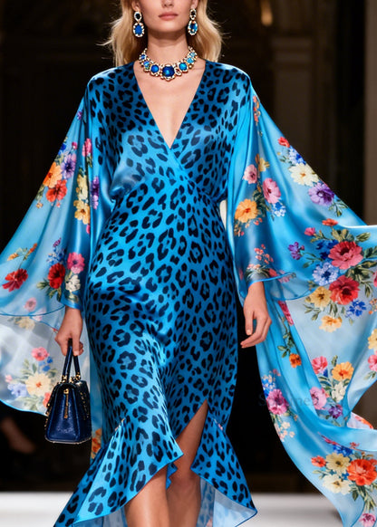 Bohemian Blue Leopard Asymmetrical Floral Silk Robe Dresses Summer