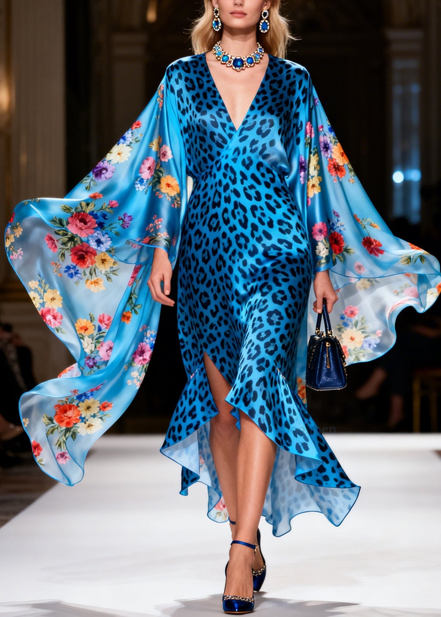 Bohemian Blue Leopard Asymmetrical Floral Silk Robe Dresses Summer