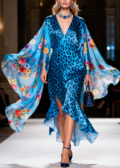 Bohemian Blue Leopard Asymmetrical Floral Silk Robe Dresses Summer