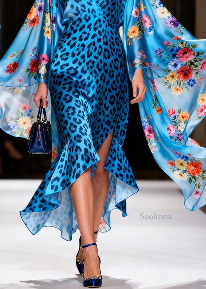 Bohemian Blue Leopard Asymmetrical Floral Silk Robe Dresses Summer