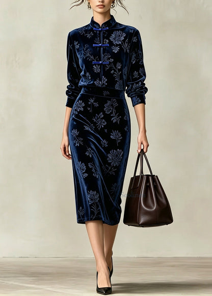 Bohemian Blue Mandarin Collar Two Pieces Set Long Sleeve