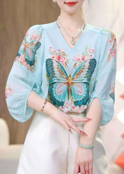 Bohemian Blue O-Neck Butterfly Print Chiffon Shirts Fall