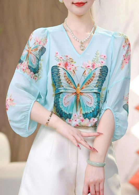 Bohemian Blue O-Neck Butterfly Print Chiffon Shirts Fall