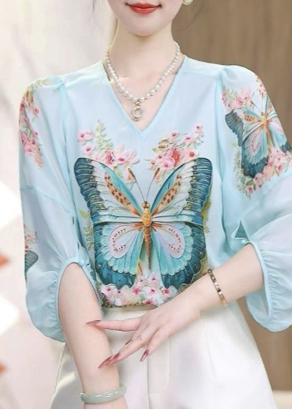 Bohemian Blue O-Neck Butterfly Print Chiffon Shirts Fall