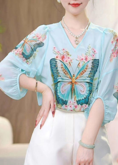 Bohemian Blue O-Neck Butterfly Print Chiffon Shirts Fall