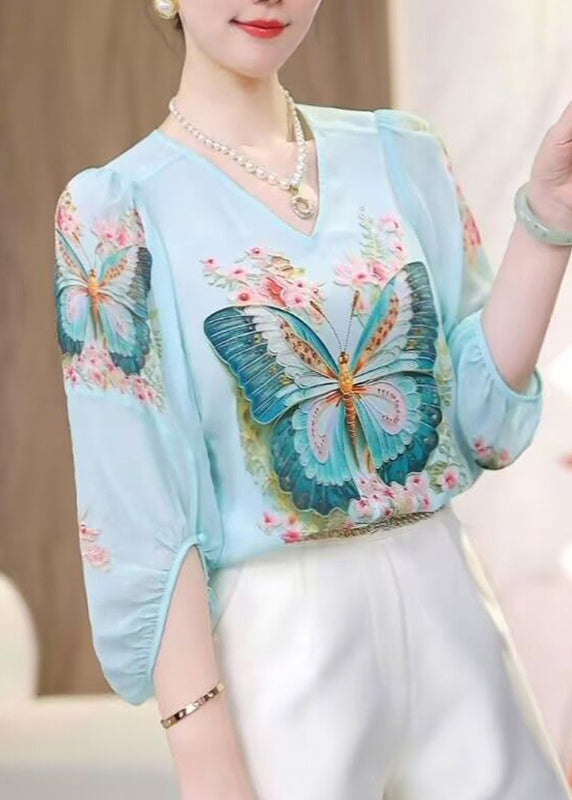 Bohemian Blue O-Neck Butterfly Print Chiffon Shirts Fall