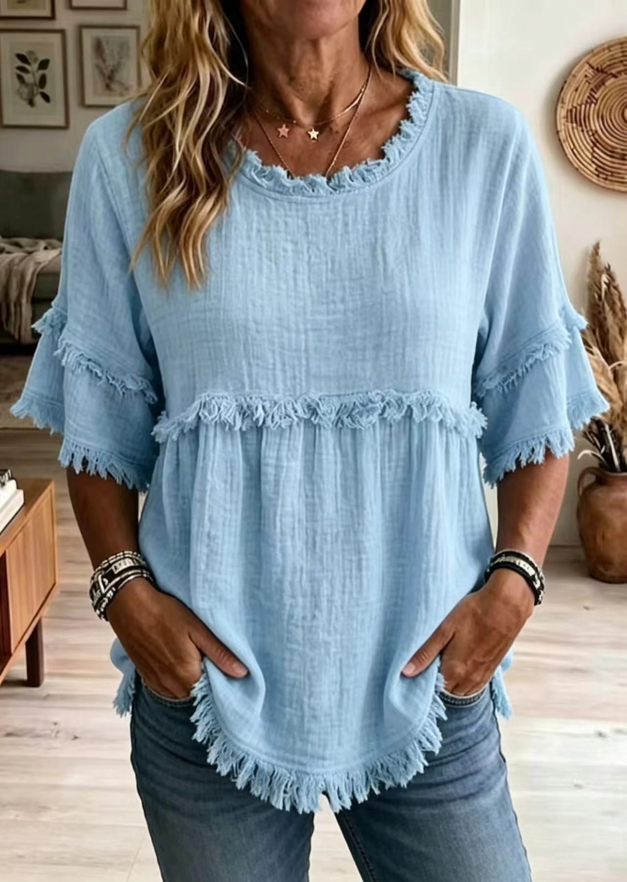 Bohemian Blue O-Neck Cotton Shirt Tops Half sleeve