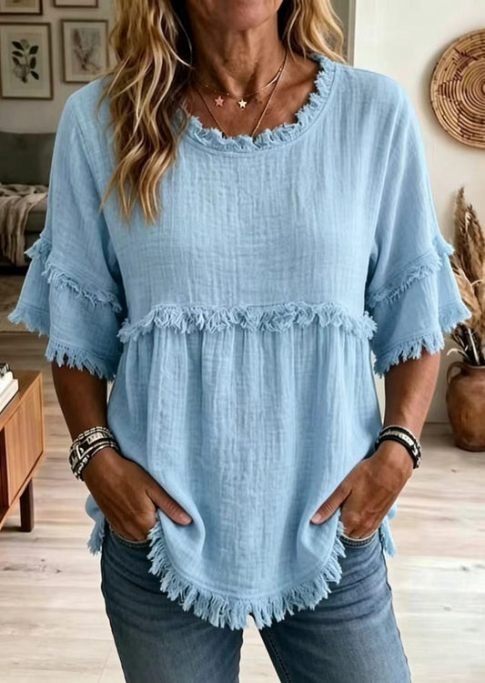 Bohemian Blue O-Neck Cotton Shirt Tops Half sleeve