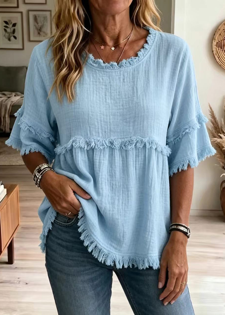 Bohemian Blue O-Neck Cotton Shirt Tops Half sleeve