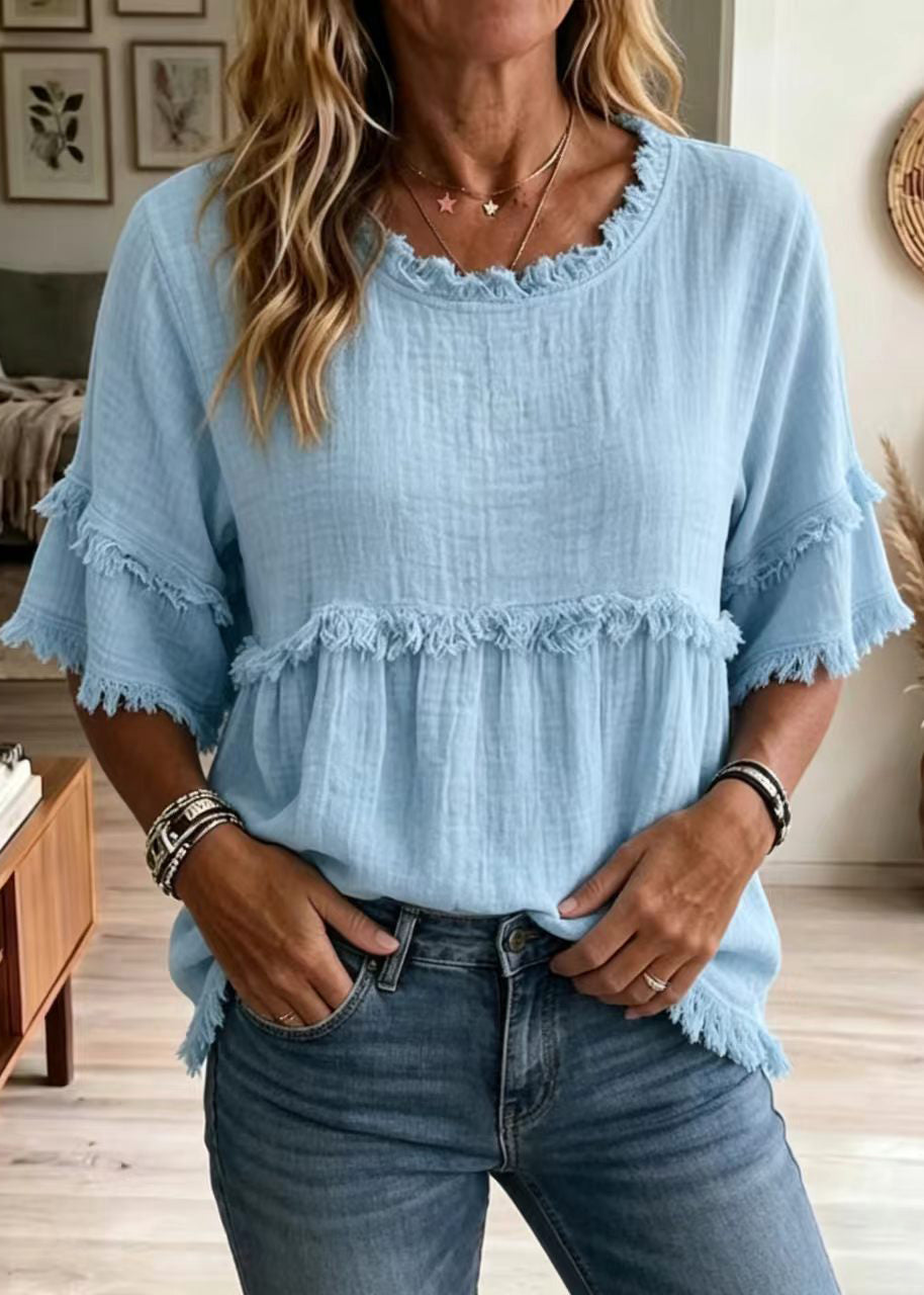 Bohemian Blue O-Neck Cotton Shirt Tops Half sleeve