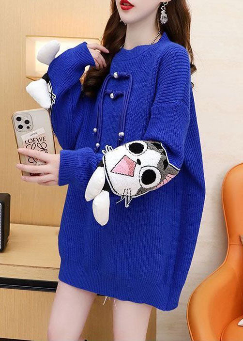 Bohemian Blau O-Ausschnitt Übergroße Quaste Strickpullover Kleid Winter