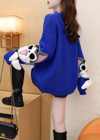 Bohemian Blau O-Ausschnitt Übergroße Quaste Strickpullover Kleid Winter