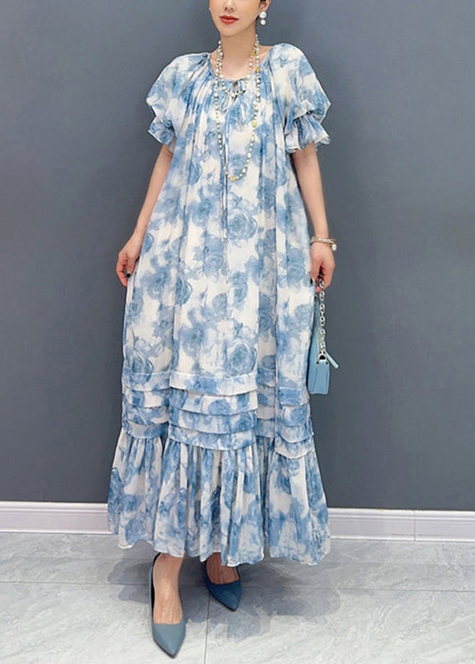 Bohemian Blau O-Ausschnitt Rüschen Patchwork Print Chiffon Maxi Kleider Sommer