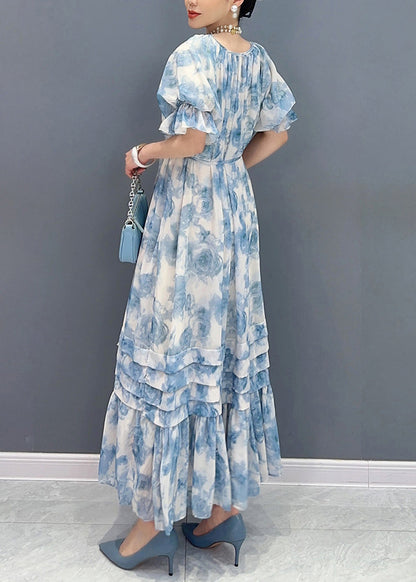 Bohemian Blau O-Ausschnitt Rüschen Patchwork Print Chiffon Maxi Kleider Sommer