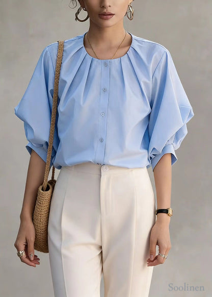 Bohemian Blue O-Neck Wrinkled Cotton Shirt Top Lantern Sleeve