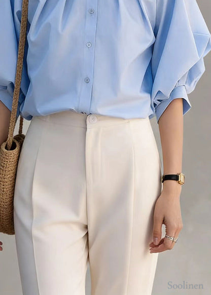 Bohemian Blue O-Neck Wrinkled Cotton Shirt Top Lantern Sleeve