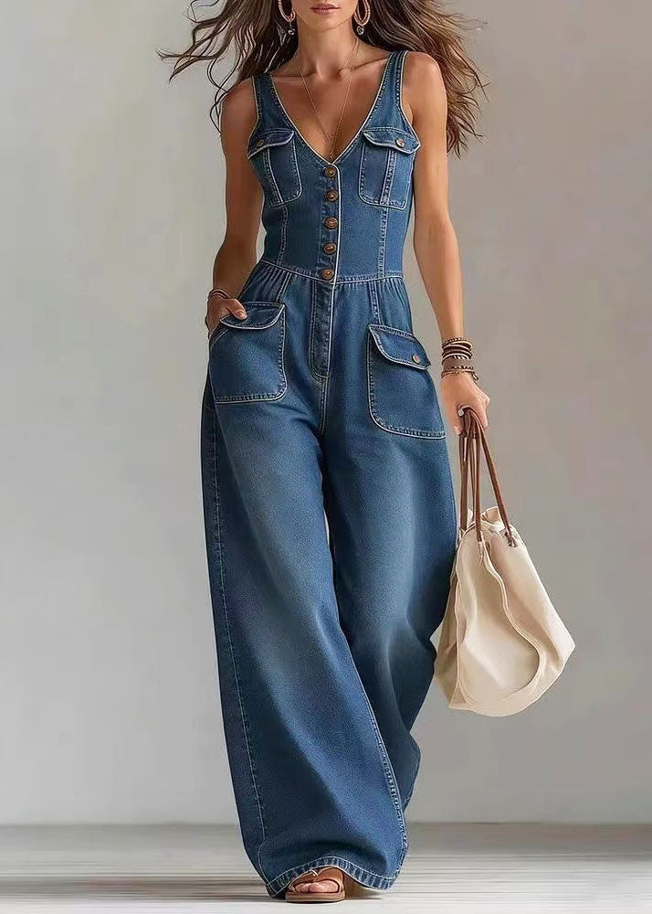 Bohemian Blue Oversized Pockets Denim Straight Pants Jumpsuits Summer