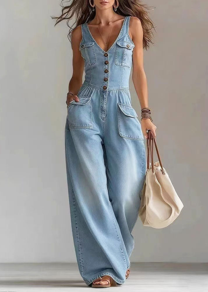 Bohemian Blue Oversized Pockets Denim Straight Pants Jumpsuits Summer