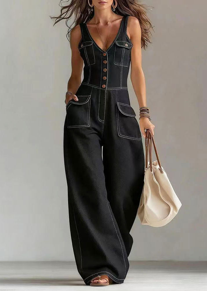 Bohemian Blue Oversized Pockets Denim Straight Pants Jumpsuits Summer