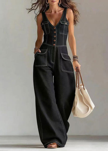 Bohemian Blue Oversized Pockets Denim Straight Pants Jumpsuits Summer